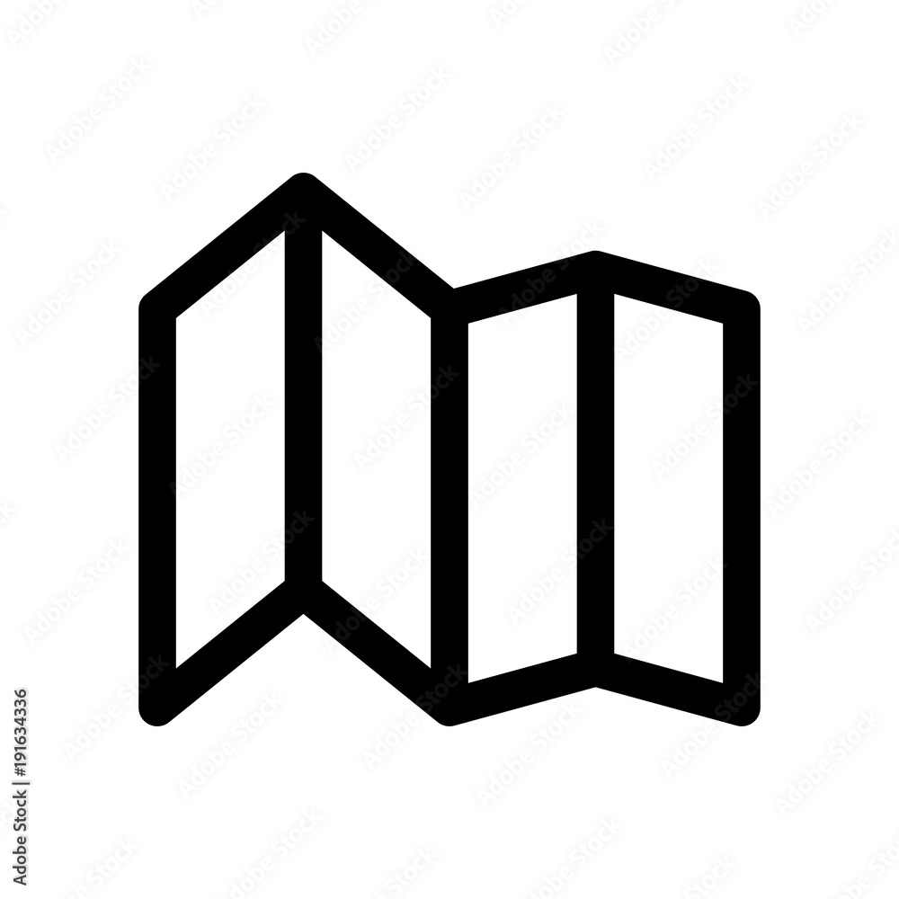 Folding paper map icon. Symbol of travelling and planning. Outline modern design element. Simple black flat vector sign with rounded corners. Folding paper map icon. Symbol of travelling and planning. Outline modern design element. Simple black flat vector sign with rounded corners.