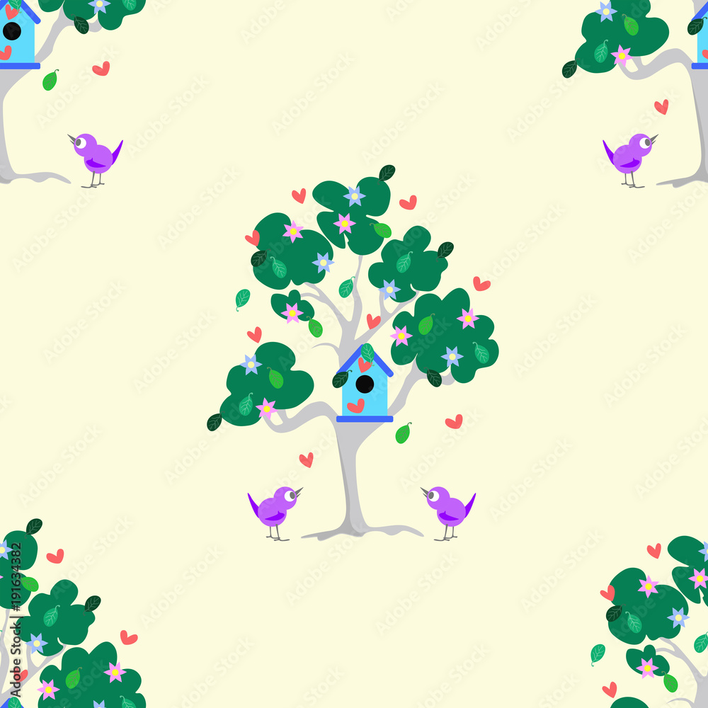 Naklejka premium Seamless colored background. Seamless pattern with tree, bird, birdhouse.
