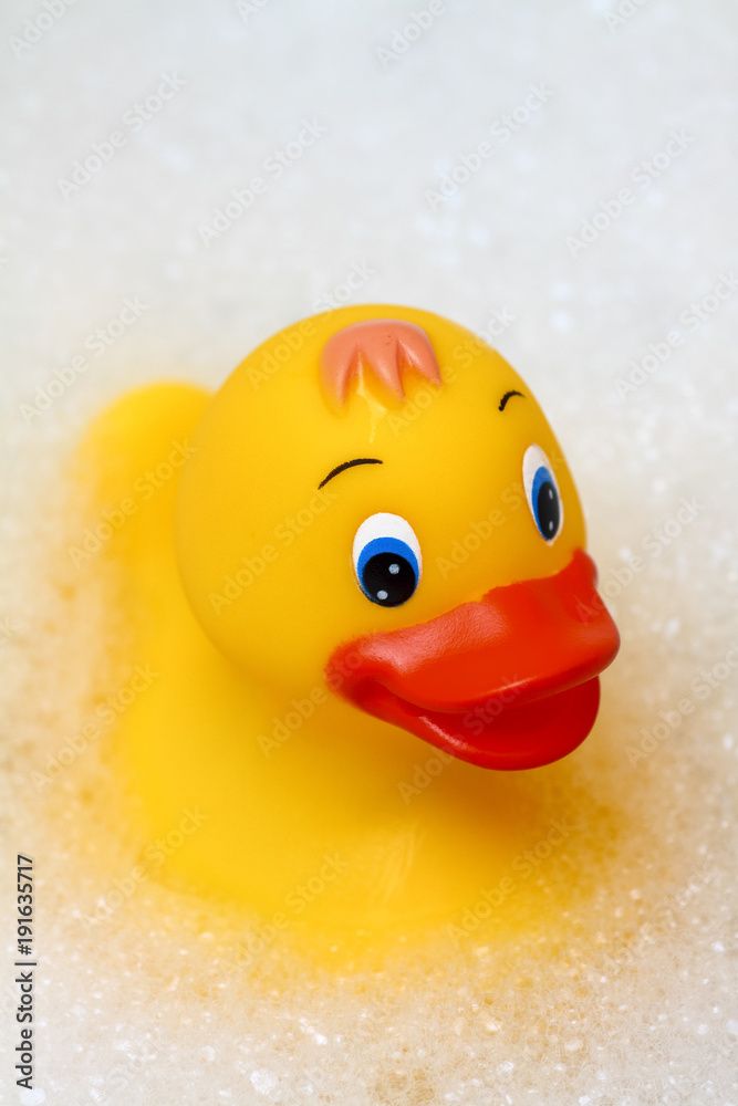Toy plastic yellow duck floating in a bath surrounded by soap suds Toy plastic yellow duck floating in a bath surrounded by soap suds