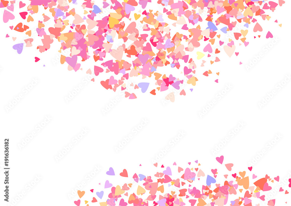 Rose color confetti with heart shapes. Romance pink background for Valentines Day, wedding invitation.