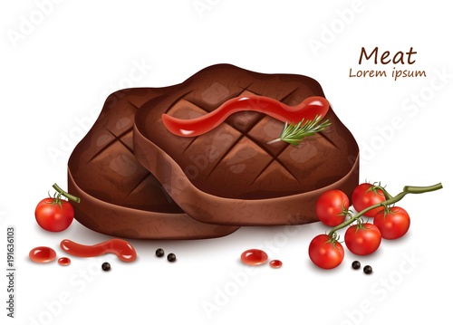 Meat steak slices with tomatoe sauce Vector realistic