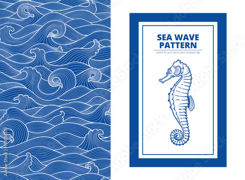 postcard banner monotone blue sea waves and the seahorse © DanIce