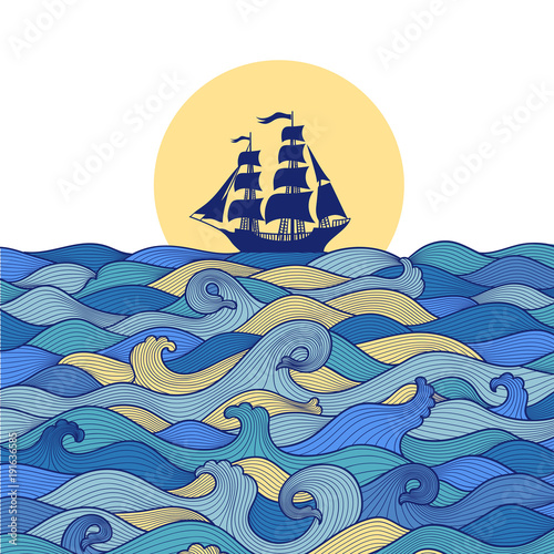 postcard banner blue sea waves and the ship at sunset