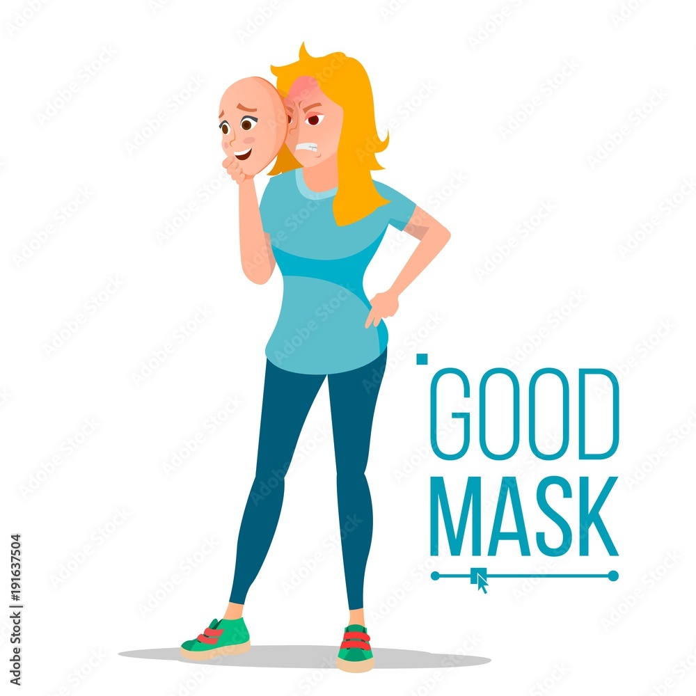 Angry Woman Wear Good Mask Vector. Bad, Tired Female. Fake Person. Deceive Concept. Isolated Flat Cartoon Business Character Illustration Angry Woman Wear Good Mask Vector. Bad, Tired Female. Fake Person. Deceive Concept. Isolated Flat Cartoon Business Character Illustration