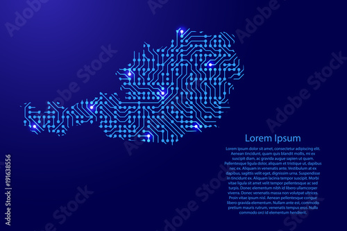 Map Austria from printed board, chip and radio component with blue star space on the contour for banner, poster, greeting card, of vector illustration.