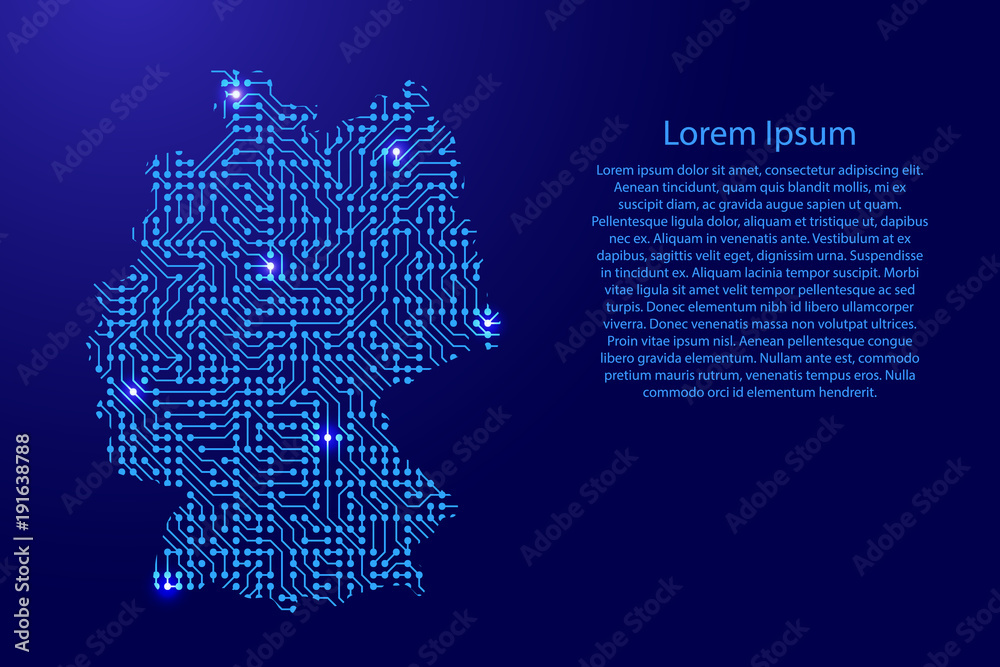 Map Germany from printed board, chip and radio component with blue star space on the contour for banner, poster, greeting card, of vector illustration.