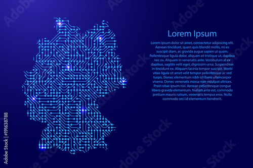 Photo Map Germany from printed board, chip and radio component with blue star space on the contour for banner, poster, greeting card, of vector illustration