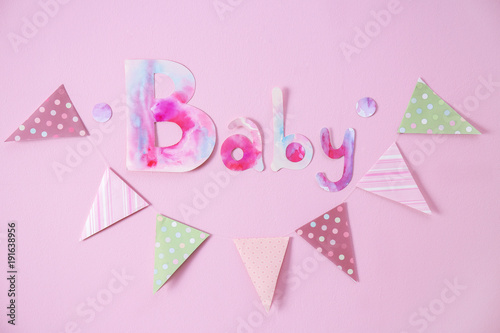 Beautiful decorations for baby shower party on color wall