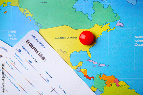 Tickets on world map. Ameri...