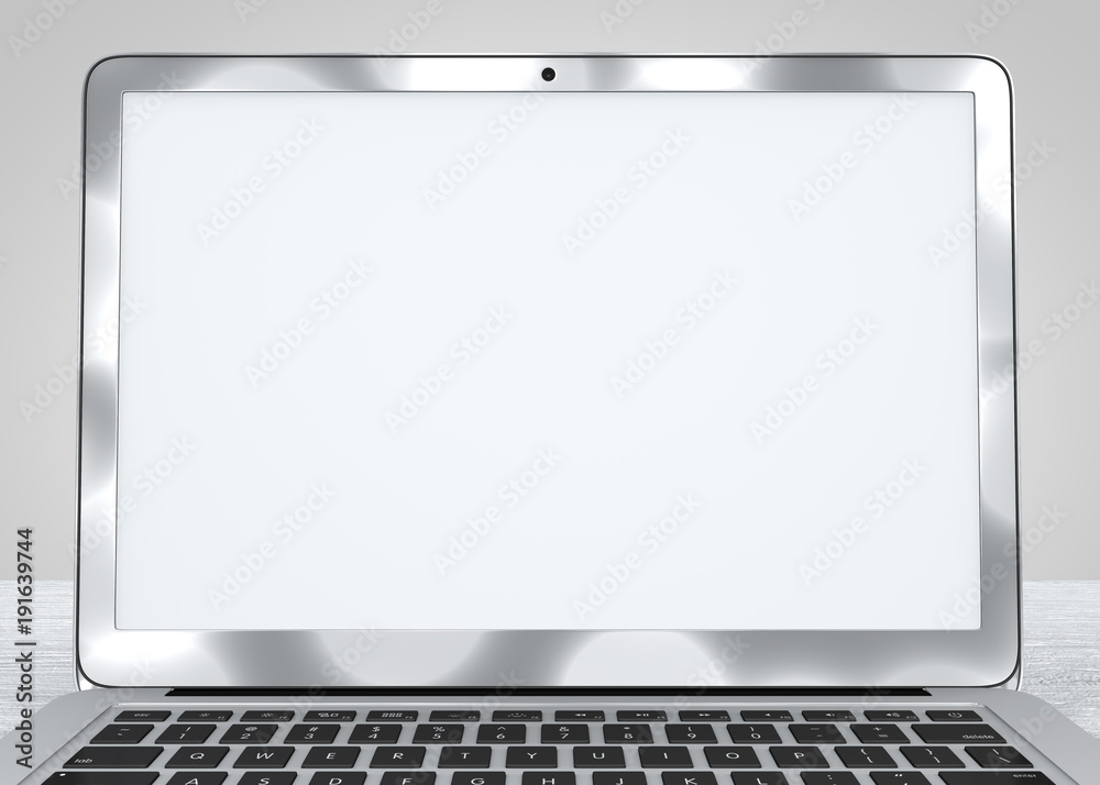 Computer portatile con schermo aperto. Scrivania di legno bianco Stock-Foto  | Adobe Stock