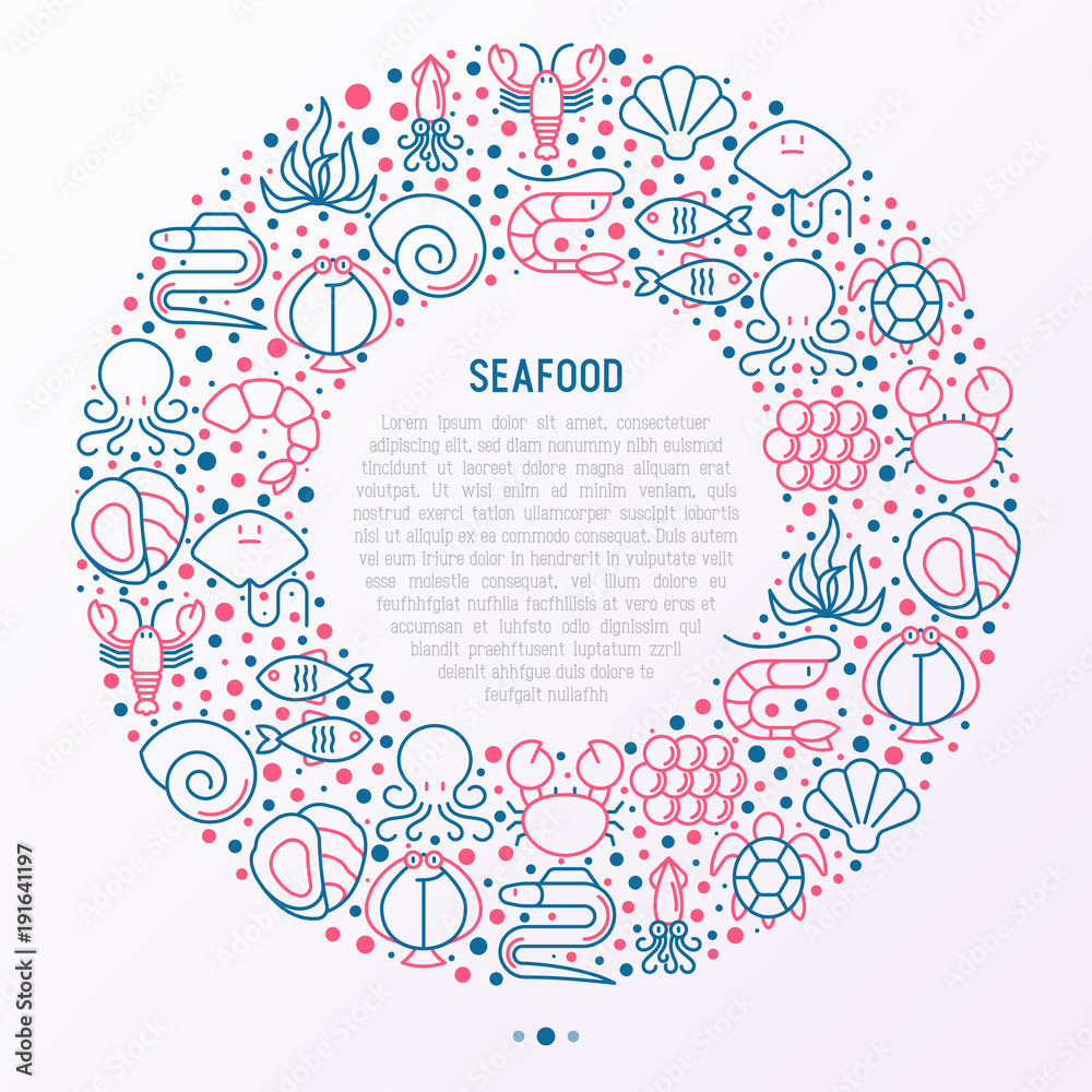 Seafood concept in circle with thin line icons: lobster, fish, shrimp, octopus, oyster, eel, seaweed, crab, ramp, turtle. Modern vector illustration for restaurant menu.