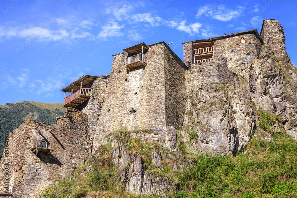 Fortress Shatili on a sunny day. Georgia. Khevsureti