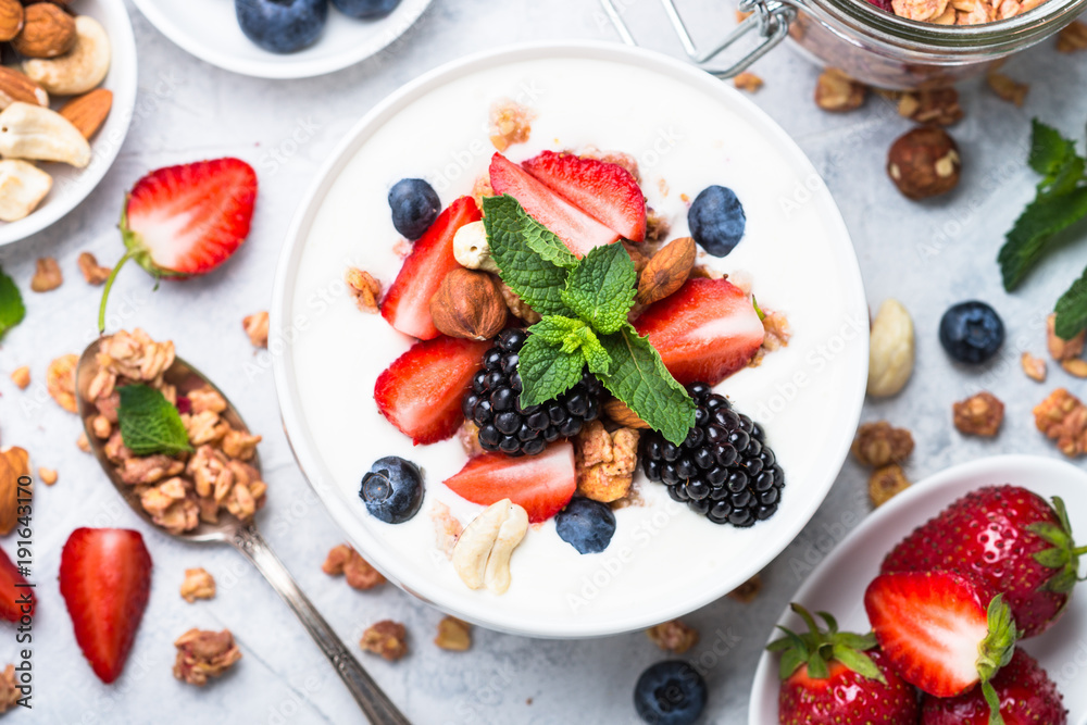 Greek yogurt granola and berry mix. Top view. Greek yogurt granola and berry mix. Top view.