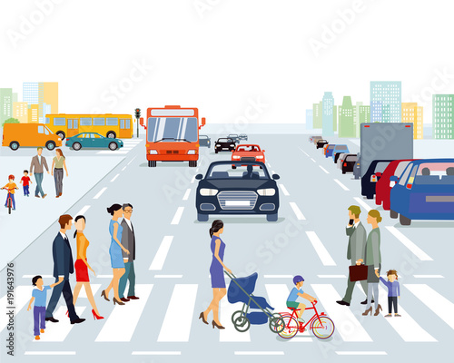 große Stadt mit Straßenverkehr und Fußgänger, Illustration © scusi