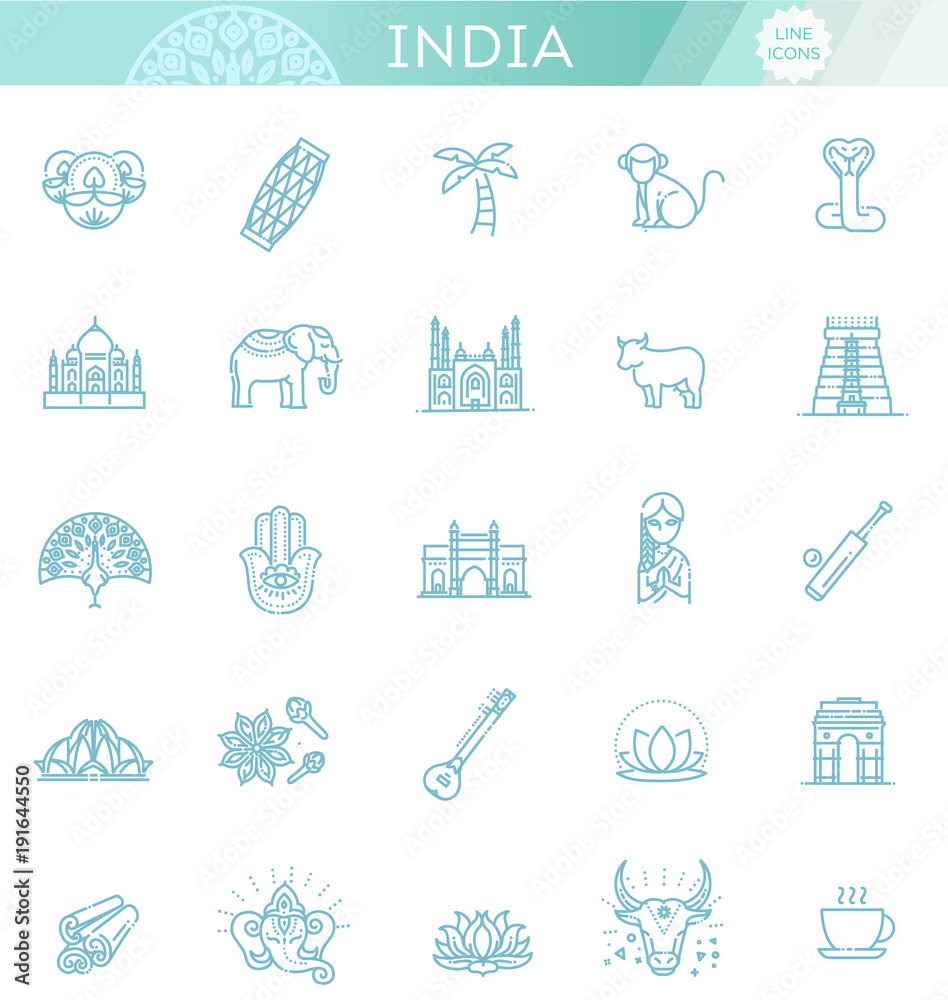 India icons set. Indian attractions, line design. Tourism in India, isolated vector illustration. Traditional symbols. India icons set. Indian attractions, line design. Tourism in India, isolated vector illustration. Traditional symbols.