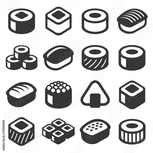 Sushi Icons Set on White Background. Vector