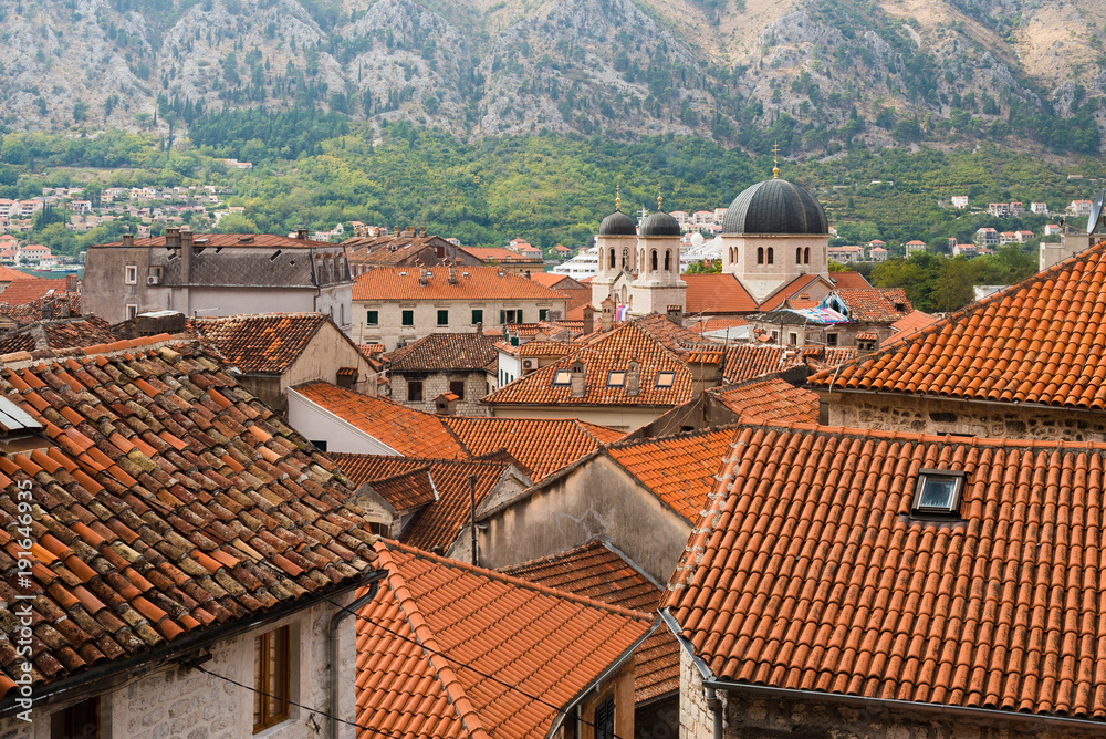 Kotor old town rooftops and Saint Nicholas Church in Kotor, Montenegro