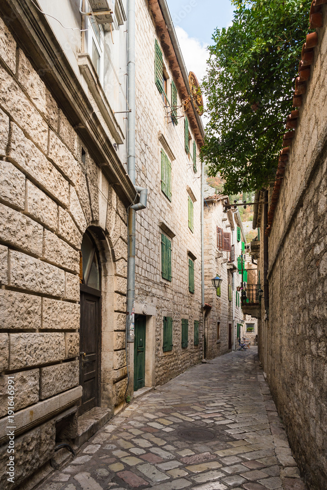Narrow streets in Kotor old town in Montenegro.