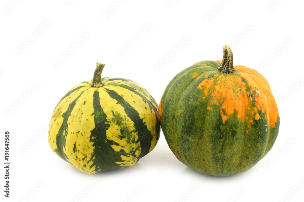 two decorative pumpkins on a white background