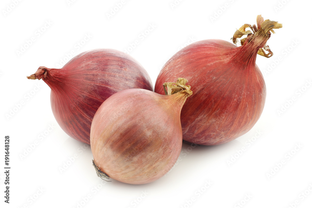 Three pink onions on a white background