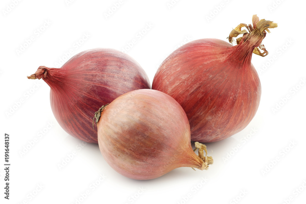 Fototapeta premium Three pink onions on a white background