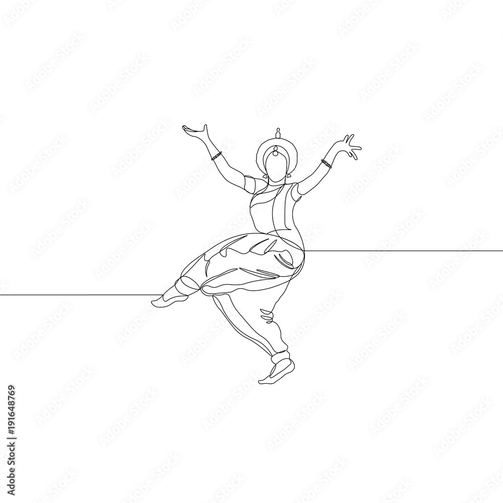 continuous line drawing. women's Indian dance. Alapadma – opened Lotus