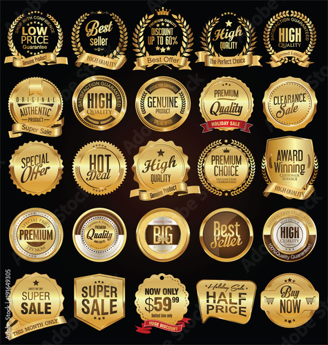 Retro labels and badges golden vector collection