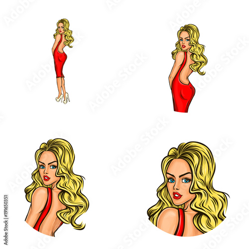 Vector pop art avatars for social network chat user profile or blog account picture icon templates. Young blonde woman girl in red sexy dress with open back and turned face. Retro sketch set