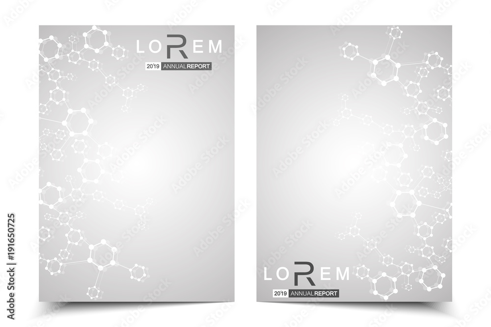 Fototapeta premium Scientific brochure design template. Vector flyer layout, Molecular structure with connected lines and dots. Scientific pattern atom DNA with elements for magazine, leaflet, cover, poster design.