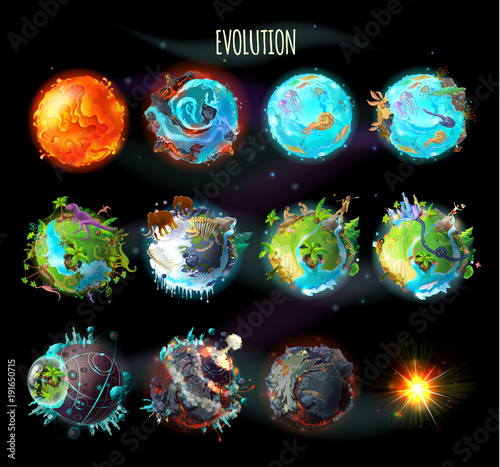 Stages of the origin of life on Earth, evolution, climate changes, technology progress, cataclysms, planetary explosion, death of planet, vector concept illustration. Timeline, infographic elements