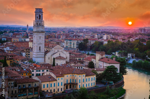 Beautiful sunset aerial view of Verona, Veneto region, Italy.