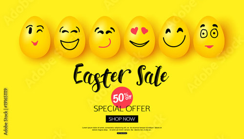 Easter Sale background with cartoon smiling eggs faces for banner poster vector illustration