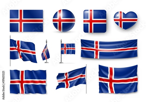 Set Iceland flags, banners, banners, symbols, flat icon. Vector illustration of collection of national symbols on various objects and state signs