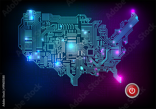 
Abstract illustration vector electronic circuit line /Main board Map of United States with glowing points. POWER button/Green technology