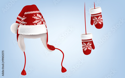 Vector 3d realistic illustration of knitted santa hat with earflaps, and mittens with decorative pattern on them, isolated on background. Christmas traditional festive clothes for head and hands