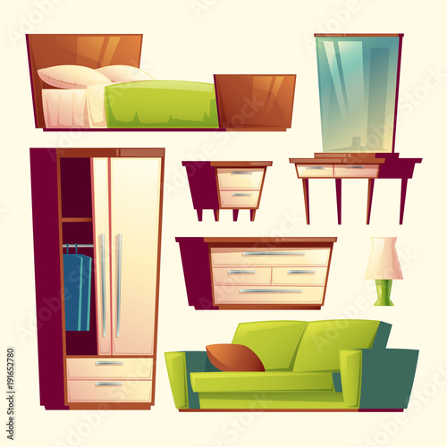 Vector bedroom, living room interior furniture cartoon objects set. Cozy comfortable home elements sofa wardrobe mirror dresser bedside table lamp sideboard bed couch. Isolated background illustration