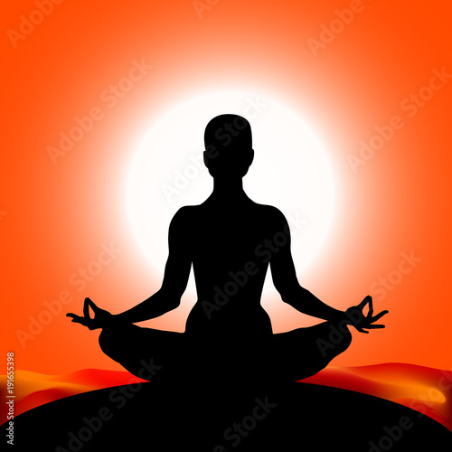 Famale body silhouette in yoga lotus asana on the sun red color background. Vector illustration eps10
