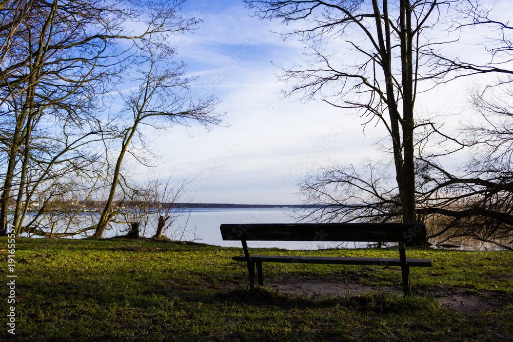 Wooden bench by the water and trees Wooden bench by the water and trees