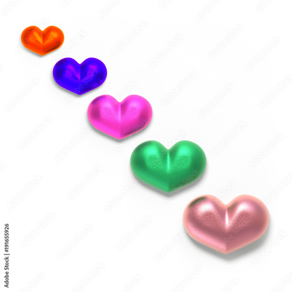 Set of valentines hearts allows create own unique scenes. 3d rendering. Top view isolated on white background. Detailed silver, gold, metallic, foil surface materials. .Bright shiny colors.