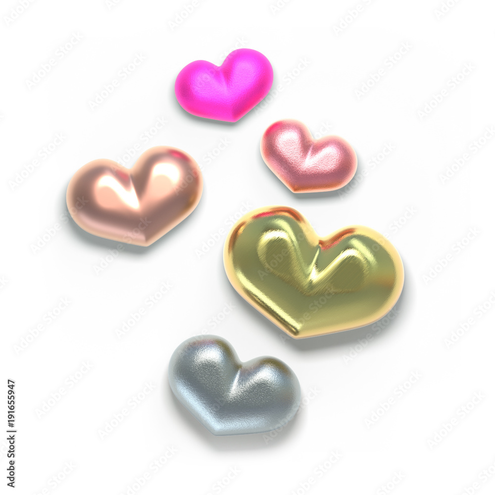Set of valentines hearts allows create own unique scenes. 3d rendering. Top view isolated on white background. Detailed silver, gold, metallic, foil surface materials. .Bright shiny colors.