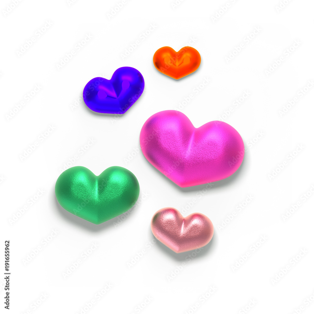 Set of valentines hearts allows create own unique scenes. 3d rendering. Top view isolated on white background. Detailed silver, gold, metallic, foil surface materials. .Bright shiny colors.