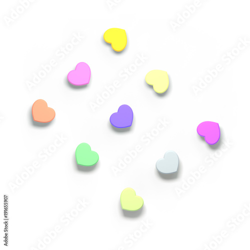 Set of valentines hearts allows create own unique scenes. 3d rendering. Top view isolated on white background. .Bright shiny colors. Bunch of little objects.