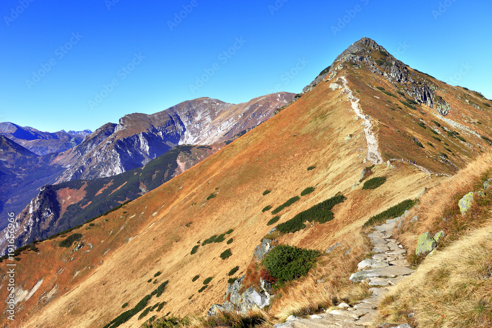 Poland, Tatra Mountains, Zakopane - Goryczkowa Swinska Pass and Posredni Wierch Goryczkowy and Czerwone Wierchy peaks with Western Tatra in background