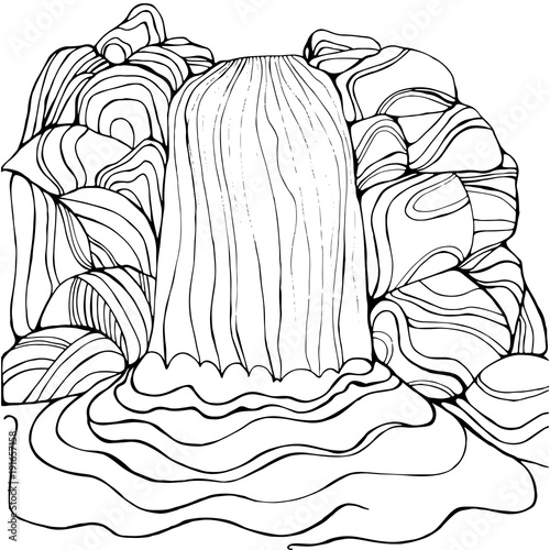 Waterfall coloring page for children and adults. 