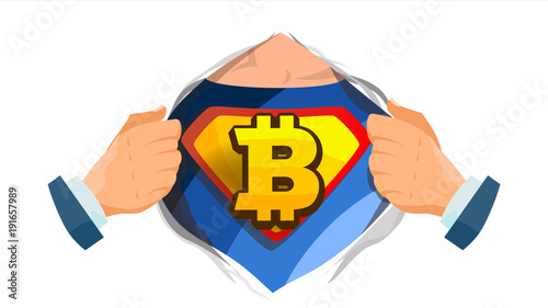 Bitcoin Sign Vector. Superhero Open Shirt With Shield Badge. Mining, Technology For Currency. Isolated Flat Cartoon Comic Illustration