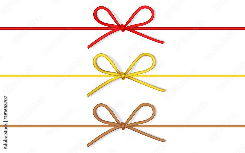 Set of decorative string bow with horizontal thin rope isolated on
