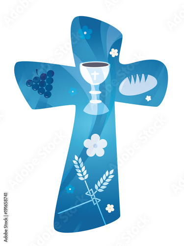 Christian cross with chalice grapes bread and wheat ear. Multiple exposure
