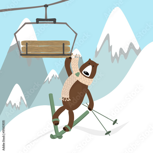 Cartoon bear skier with ski lift gondola on ski resort background.