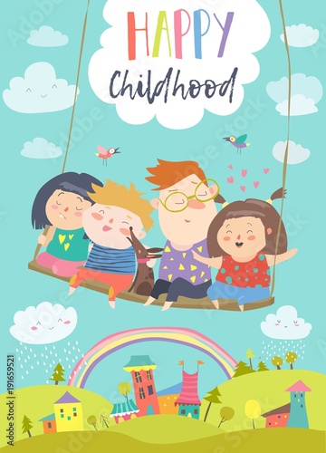 Happy kids flying on a swing