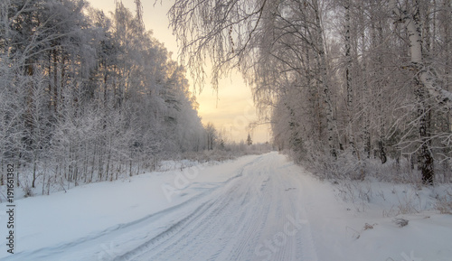 зимний пейзаж в лесу с дорогой на закате дня, Россия, Урал